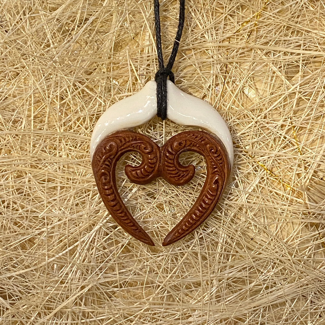 Whale Tail Bone & Heart Wood pendant