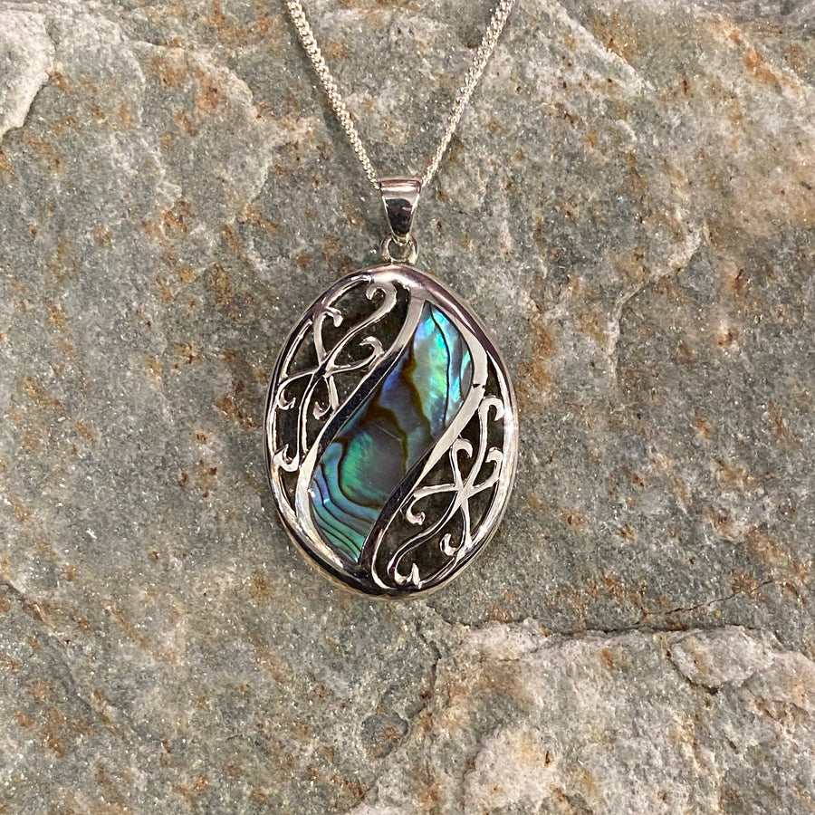 Paua Shell Koru Pattern Pendant Necklace