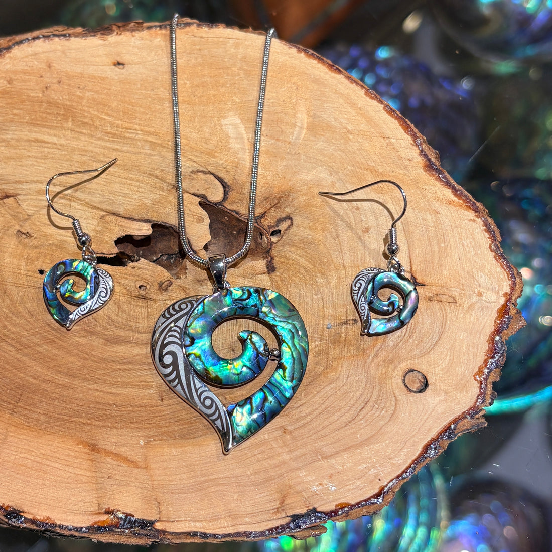 Paua Koru&Heart Laser Engraving Pendant Set