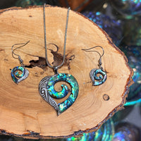Paua Koru&Heart Laser Engraving Pendant Set