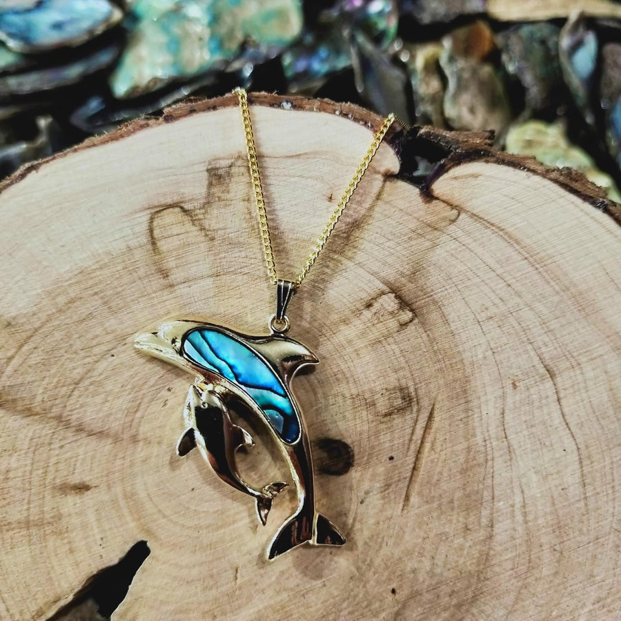 Paua Shell Dolphin with baby Pendant