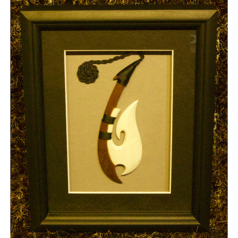 Framed Maori bone and wood hook