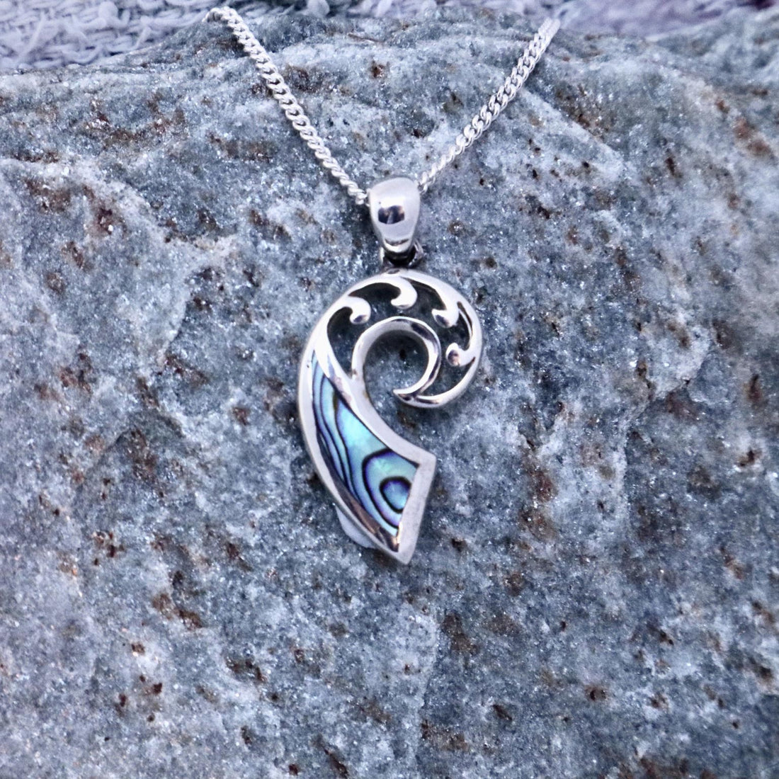 paua shell and sterling silver fern frond pendant